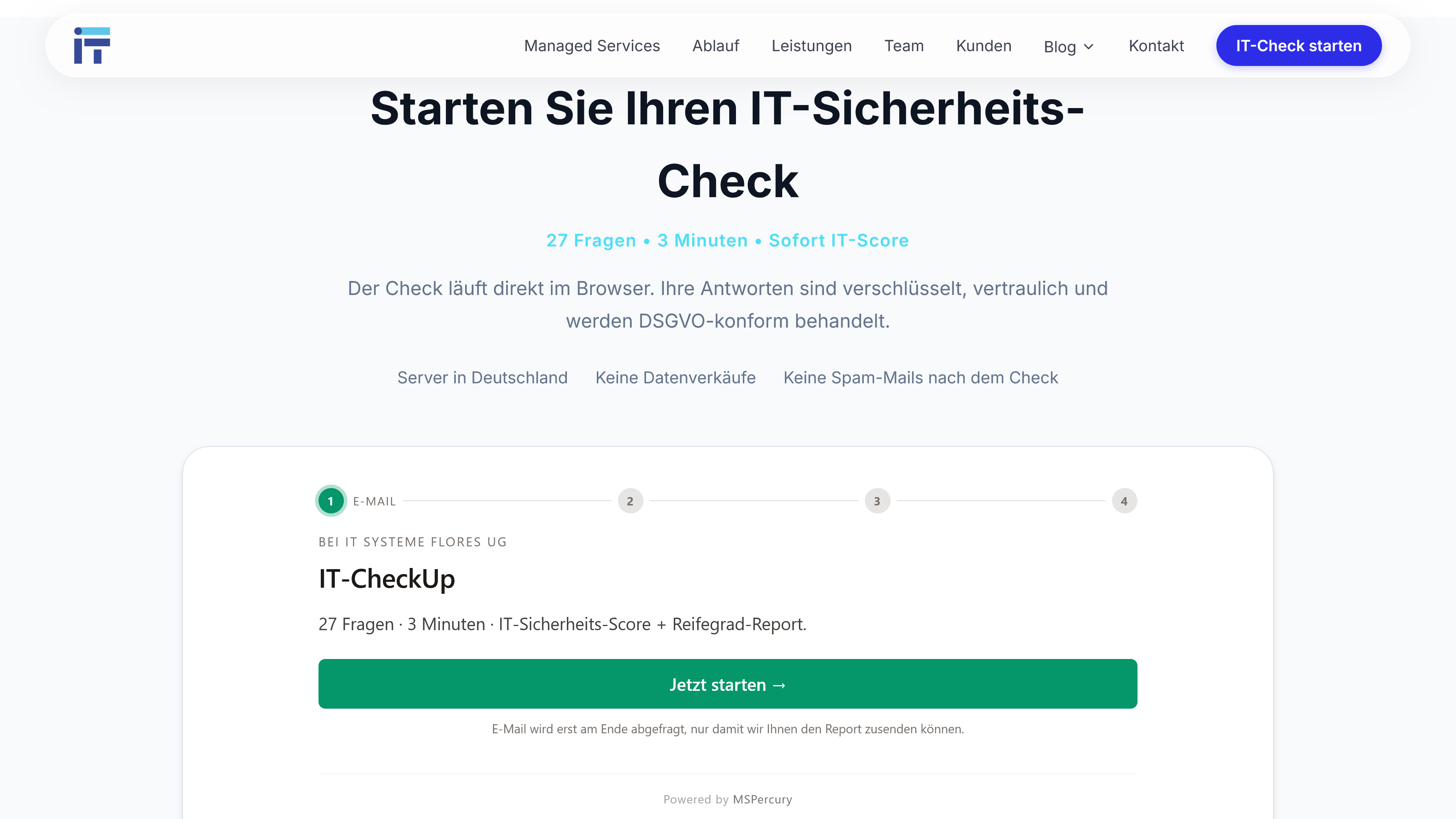 The IT Assessment widget embedded on an MSP website: a self-service IT security check landing page headed 'Starten Sie Ihren IT-Sicherheits-Check' with a 27-question, three-minute assessment and a branded start card.